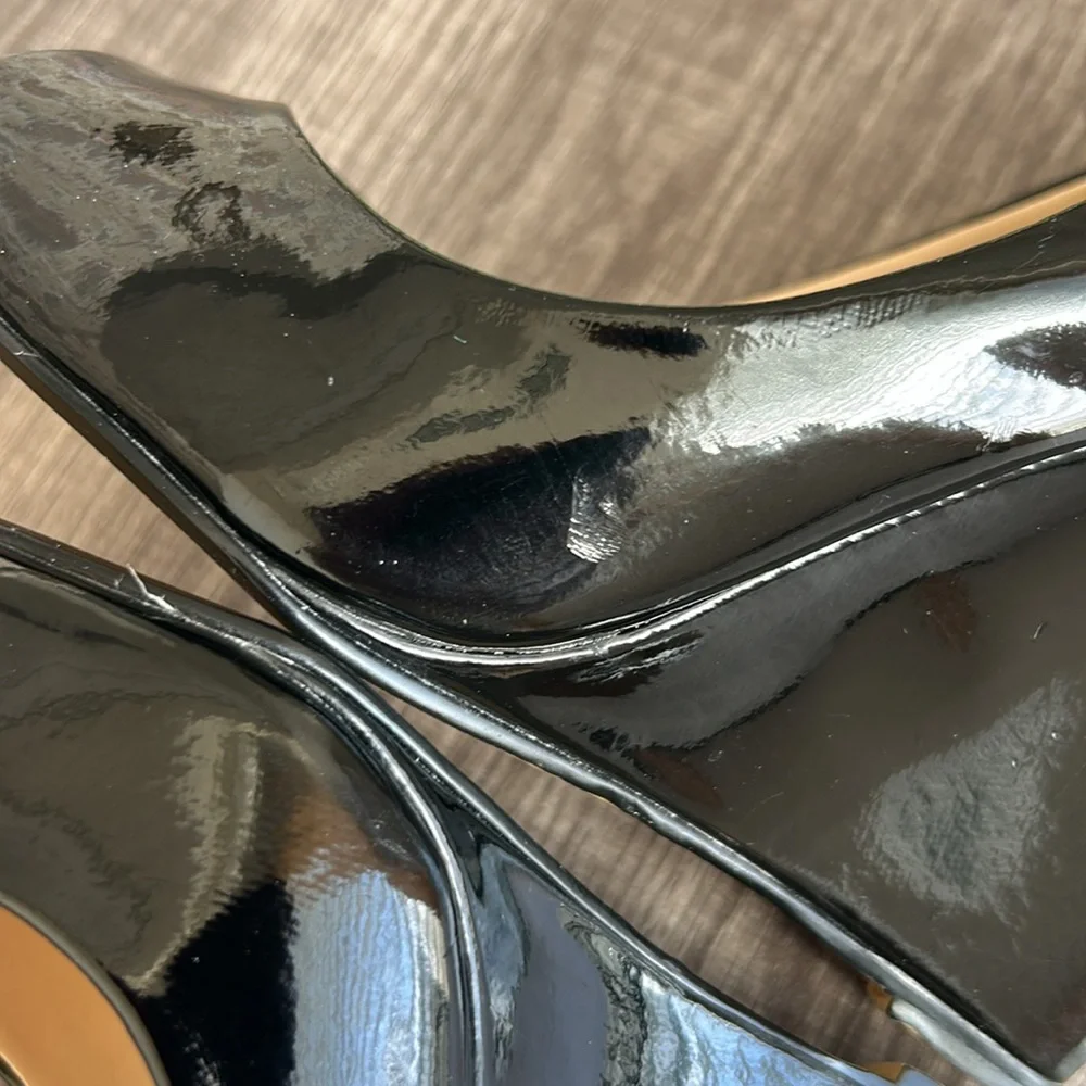 Boston Proper Black‎ Patent Leather Peep Toe Wedges Shoes Office Date Night 7M